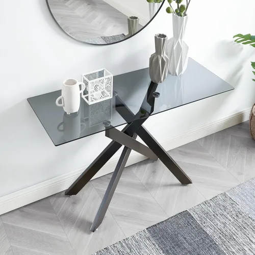 Miniatura 3 de Edwin's Choice Mesa consola de vidrio negro estrecha con parte superior de vidrio templado gris y patas tubulares de metal negro con borde dorado