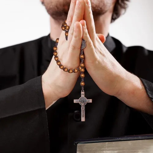 Miniatura 6 de KOMI Rosarios católicos de madera hechos a mano, collar de cuentas de rosario de madera de Belén, medalla de suelo santo y cruz de metal para regalo