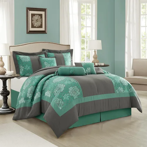 Miniatura 2 de Grand Avenue Juego de edredón gris aguamarina, tamaño Queen, juego de ropa de cama suave jacquard de 7 piezas, para todas las estaciones, falda