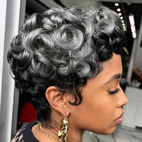 Miniatura 11 de DOcute Peluca gris para personas negras, corte pixie con flequillo, peluca rizada corta para mujeres negras, peluca rizada esponjosa para mujeres