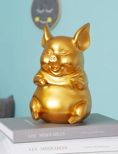 Miniatura 2 de HAUCOZE Alcancía para monedas, estatua de cerdo, escultura moderna, decoración del hogar, dormitorio, arte, regalo, poliresina, oro, 8.3 pulgadas