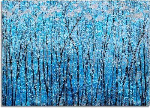 Miniatura 2 de SYGALLERIER Lienzo abstracto de árbol con pinturas texturizadas pintadas a mano en negro y azul con lámina plateada, imágenes modernas del bosque