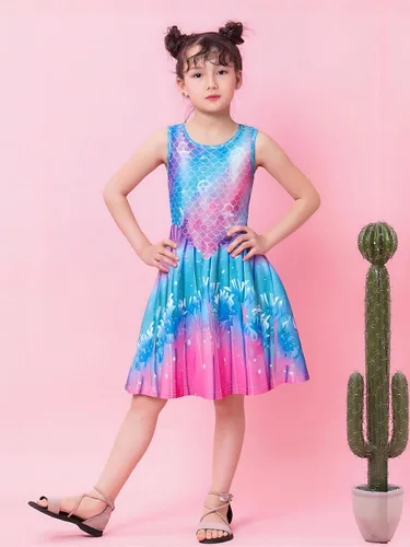 Miniatura 4 de Funnycokid Vestido de sirena para niñas y niños, vestido de verano sin mangas, traje de cumpleaños, ropa de fiesta de 4 a 13 años