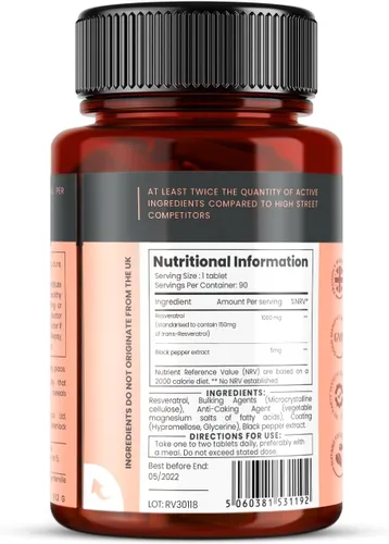 Miniatura 6 de pureclinica 1000 mg de resveratrol x 90 tabletas (suministro de 3 meses). 10 veces de fuerza con extracto de pimienta negra para una absorción más