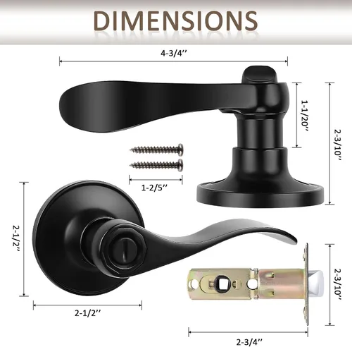 Miniatura 4 de Probrico Paquete de 1 Palanca de Puerta de Privacidad con Cerradura, Juego de Manijas de Puerta Negras con Bloqueo para Puertas de Baño