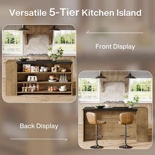 Miniatura 3 de Tribesigns Isla de cocina de 55 pulgadas con almacenamiento, mesa de isla estacionaria estilo granja de 5 niveles con 5 estantes, mesa de barra