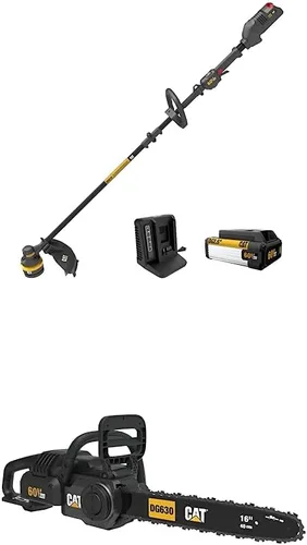 Miniatura 3 de Cat Cortadora de cuerda sin escobillas de 60 V y 15 pulgadas inalámbrica con alimentación de doble línea + soplador de hojas sin escobillas 800 CFM