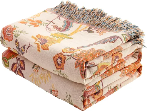 Miniatura 27 de VANJOROY - Manta bohemia de 100% algodón orgánico, transpirable, ultrasuave, decoración rústica, manta decorativa con diseño floral para todas