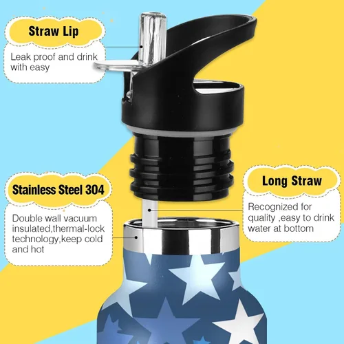 Miniatura 3 de Classical White Stars Blue BPA-Free Leak Proof Reusable Water Bottles with Straw Lid Double Wall Vacuum for School Boys Girls termo para agua acero