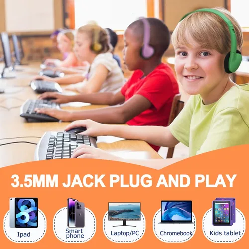 Miniatura 7 de Paquete de 10 auriculares para niños a granel para el aula escolar, auriculares multicolor con cable para estudiantes, auriculares ajustables