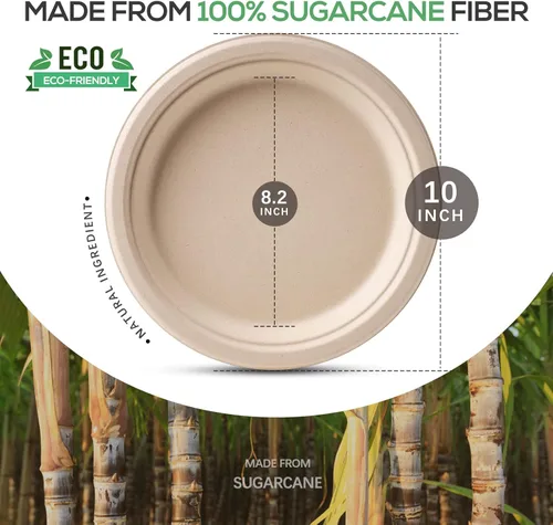 Miniatura 2 de Gezond Platos 100% compostables, platos de papel de 10 pulgadas, paquete de 125 platos desechables resistentes, biodegradables, platos de bagazo