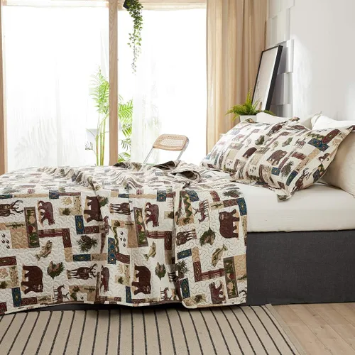 Miniatura 3 de Juego de edredón rústico de alce tamaño matrimonial/queen, colcha estilo lodge ligera de verano para cabaña, ropa de cama de campo, oso del bosque
