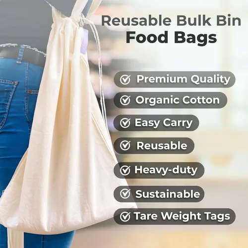 Miniatura 3 de purifyou Juego de 9 mini bolsas de lona de algodón orgánico reutilizables con cordón para comprar comestibles, productos secos, artículos esenciales