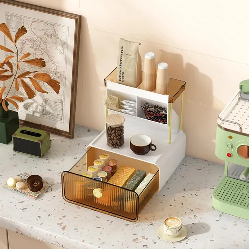 Miniatura 5 de FOLLOWIN Organizador de maquillaje de 3 niveles con cajón, exhibición de cosméticos con soporte para brochas de pintalabios, organizadores