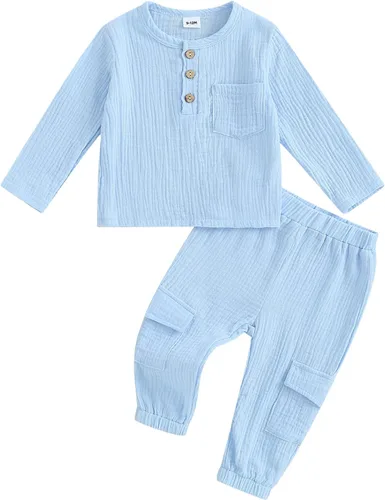 Emmababy Baby Boy Clothes Cotton Linen Outfit Long Sleeve Button Down Shirt Solid Color Tops Toddler Shirt and Pants Set