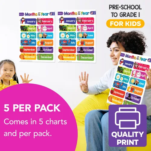 Miniatura 4 de 12 carteles educativos de los meses del año para niños de preescolar hasta 1er grado – Carteles de ayuda visual/aprendizaje coloridos