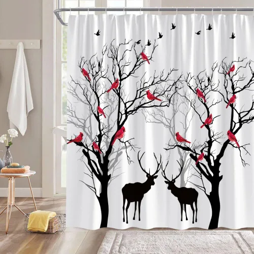 Miniatura 2 de Cortina de ducha pequeña, árbol, pájaro, ciervo, bosque, cabaña de árbol, vida silvestre, naturaleza, escénico, rústico, invierno, vacaciones