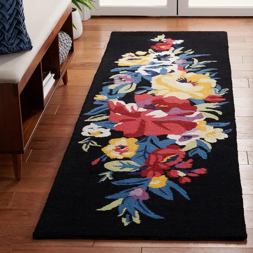 SAFAVIEH Chelsea Collection - Alfombra de pasillo, 2 pies 3 pulgadas x 8 pies, negro y rosa, hecho a mano, lana floral francesa, ideal para zonas de