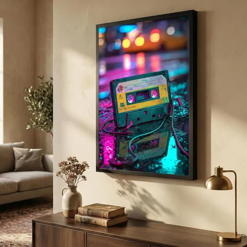 Miniatura 2 de Cinta de casete de audio retro y arte en lienzo de Walkman, fotografía de neón de la nostalgia musical de los años 80, decoración de pared