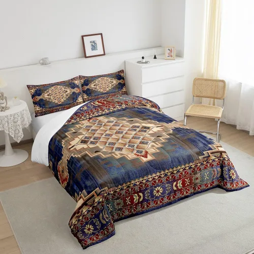 Miniatura 4 de Erosebridal Juego de edredón bohemio individual, juego de ropa de cama exótica bohemio, retro, azul, amarillo, degradado, rojo, floral, bohemio
