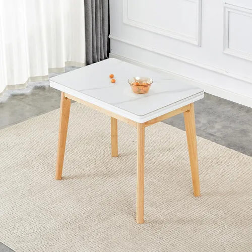 Miniatura 3 de Mesa de piedra sinterizada blanca con patas de madera de goma, escritorio plegable para computadora, escritorio de oficina plegable, adecuado