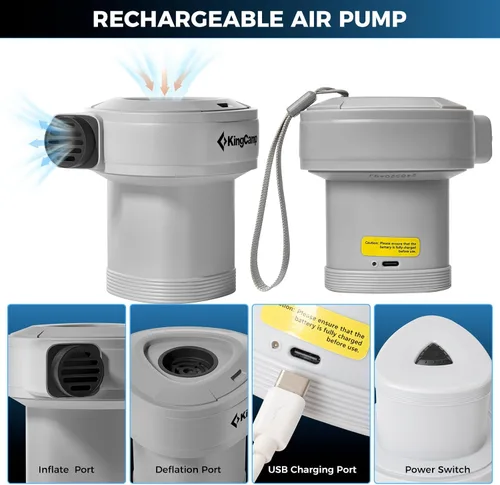 Miniatura 4 de KingCamp Bomba de aire para inflables, inflador/deflector portátil de llenado rápido, bomba de aire eléctrica con 4 boquillas para colchoneta