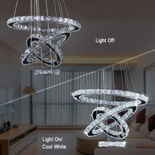 Miniatura 6 de Candelabro LED moderno contemporáneo de 2 anillos, luz colgante ajustable de acero inoxidable y cristal, accesorio de iluminación de techo
