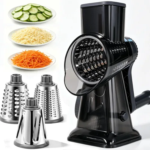 HANSGO Rallador de queso giratorio de mano, triturador rebanador y molinillo, 3 cuchillas metálicas de gran diámetro y cepillo de limpieza, base de