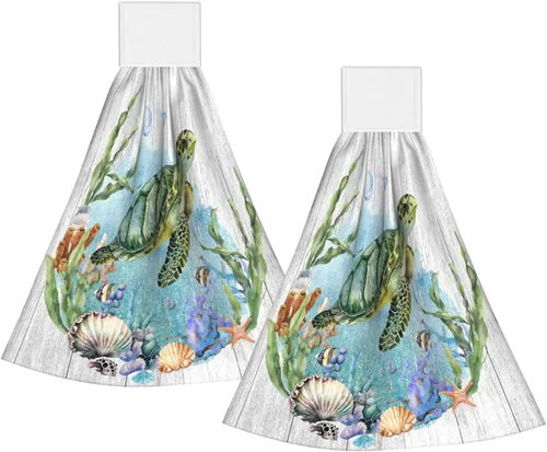 Miniatura 27 de Giwawa Juego de 2 toallas de mano colgantes de diente de león verde azulado con lazo, diseño de flores rústicas, suaves, de secado rápido