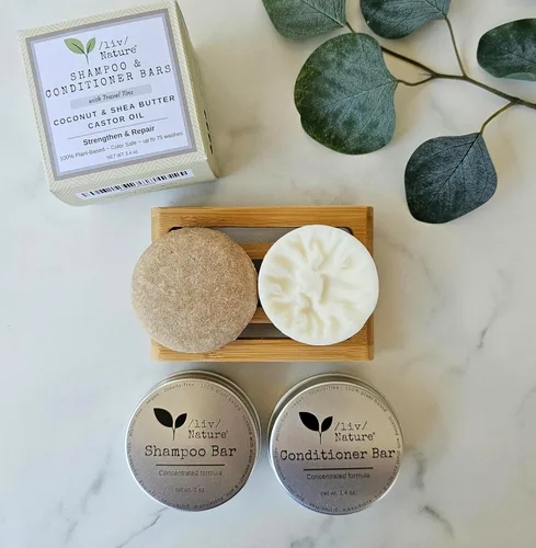 Miniatura 7 de Juego de Barra de Champú y Acondicionador /liv/ Nature con Estuche de Viaje Fortalece y Repara el Cabello Seco Coco, Aceite de Ricino, Manteca