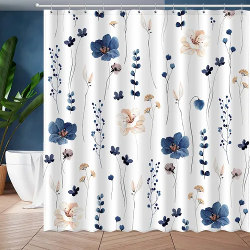 Cortina de ducha floral de acuarela, flores azules y beige, decoración de baño, moderno, minimalista, impermeable, juego de cortinas de baño con 12