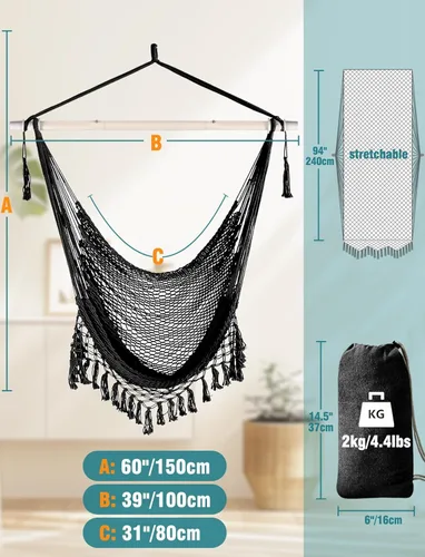 Miniatura 4 de Chihee Silla Hamaca Colgante Súper Grande de Cuerda de Algodón Hilado Suave Tejida, Barra Separadora de Metal Resistente Plegable Asiento Ancho Negro