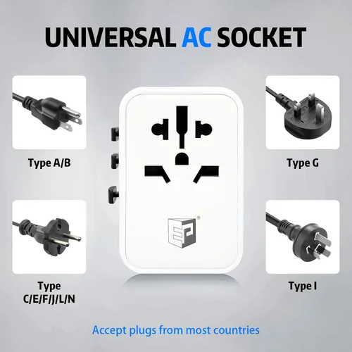 Miniatura 6 de EP Adaptador de viaje internacional de 65 W, toma de corriente universal con 3 puertos USB-C y 2 puertos USB-A, adaptador de enchufe mundial