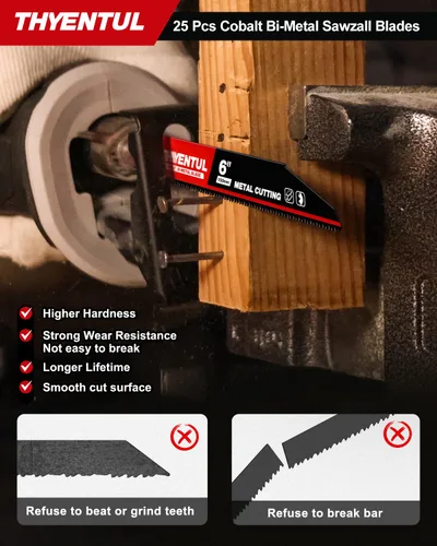 Miniatura 5 de Paquete de 25, 15 cm, 14/18 TPI, Hojas de sierra Sawzall de desmontaje automático de cobalto bi-metal para metal, Hojas de sierra alternante de 15