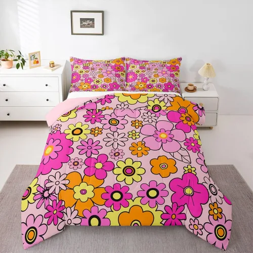 Miniatura 27 de Juego de ropa de cama con estampado floral bohemio, tamaño individual, diseño retro de flores groovy, 60S y 70S, juego de edredón de flores hippie