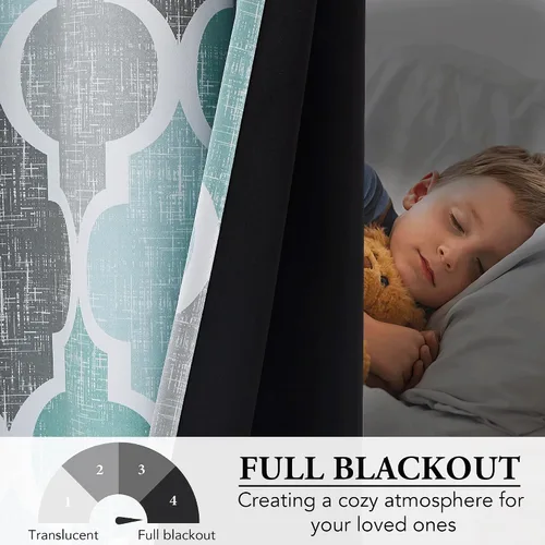 Miniatura 5 de Beauoop Cortinas 100% Opacas de 45 Pulgadas de Largo, 2 Paneles para Dormitorio, Sala de Estar, Gris Aqua Marroquí Geométrico, Oscurecimiento