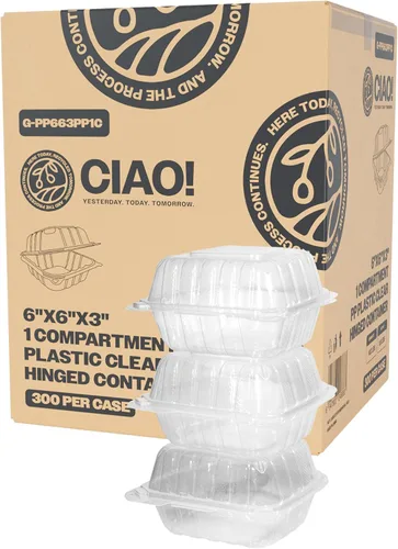 Miniatura 15 de CIAO! Contenedor blanco con bisagras MFPP de 9"x9"x3" con tapa 1 compartimento (caja de 150)