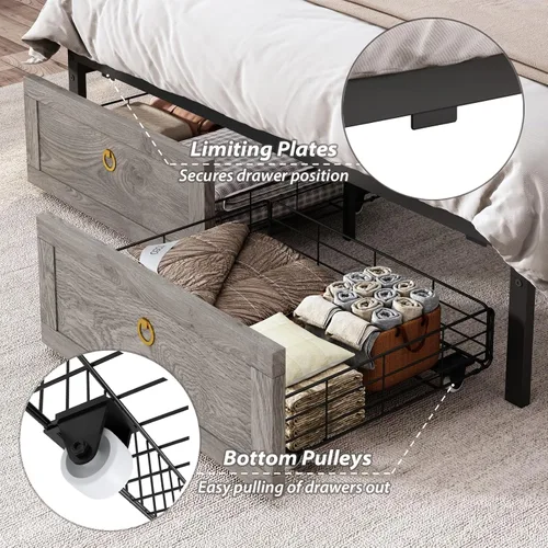 Miniatura 5 de TIGUBFRE Base de cama Queen con cabecera de almacenamiento, marco de cama de madera de granja tamaño Queen con 4 cajones, luz LED y estación de gris