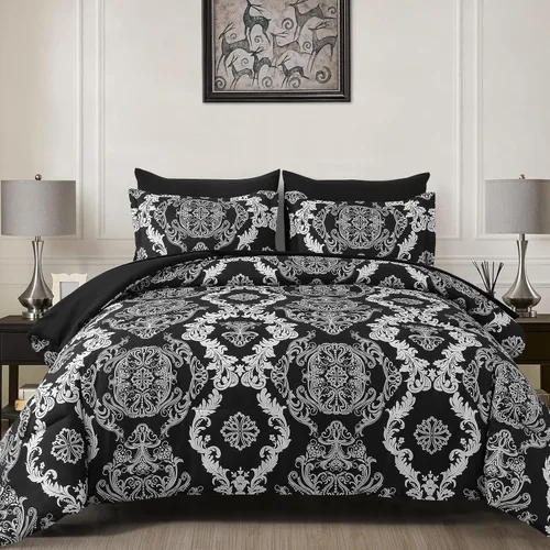 Miniatura 16 de WONGS BEDDING - Juego de edredón negro tamaño full, textura damasco dorado, juego de 7 piezas en una bolsa, de microfibra - 1 edredón, 1 sábana
