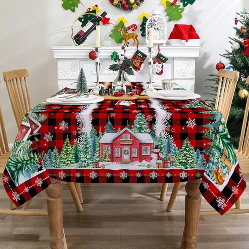 Miniatura 5 de Mantel cuadrado de Navidad 52x52 pulgadas - Rojo camión de Navidad, decoración de fiesta para el hogar - Mantel rectangular de Navidad a cuadros