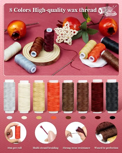 Miniatura 3 de PLANTIONAL Leather Sewing Kit, 47 Pcs Heavy Duty Upholstery Repair Kit with Waxed Thread, Sewing Awl, Hand Stitching Needles, Leatherworking Tools
