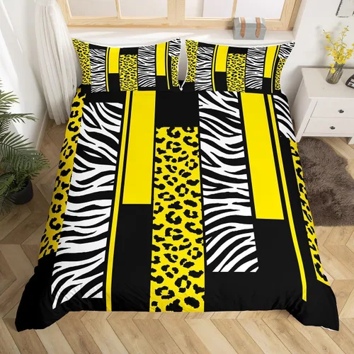 Miniatura 12 de Juego de ropa de cama con estampado de cebra de leopardo, tamaño Queen, para niños, color verde azulado, blanco, negro, juego de funda de edredón