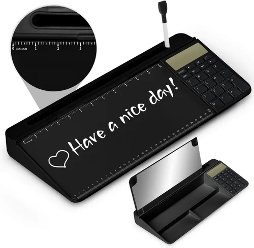 Pizarra blanca de vidrio de escritorio con espejo y calculadora (pantalla LCD de 12 dígitos) y marcador de regla, soporte de teclado de computadora