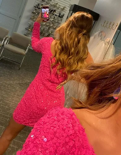 Miniatura 2 de Stylefun Vestido corto brillante de una sola manga con lentejuelas para adolescentes, vestido de cóctel de graduación CYM083