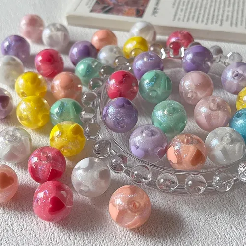 Miniatura 3 de Cuentas acrílicas chapadas de 0.631 pulgadas (0.630 in), cuentas coloridas y brillantes con patrón de corazón para bricolaje, cadena de teléfono