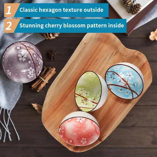 Miniatura 4 de Sakura Bowl - Tazones de cerámica de 10 onzas, juego de regalo de cuencos de colores surtidos para arroz, cereales, fideos, sopa, postres, paquete