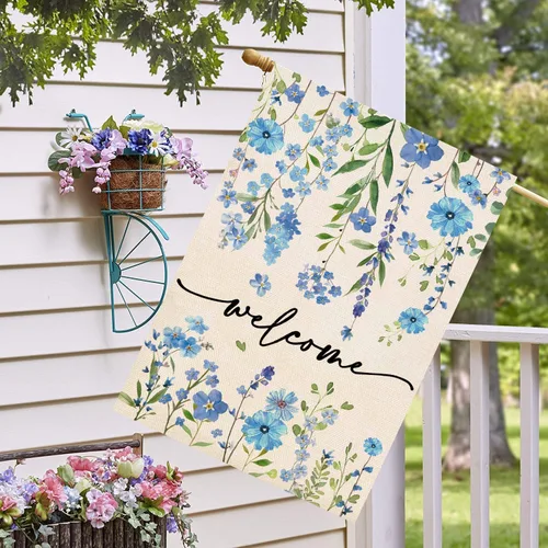 Miniatura 2 de Baccessor Bandera de Casa de Bienvenida de Verano 28 x 40 Pulgadas Divertida Bandera Floral Azul de Primavera para Jardín y Patio de Arpillera