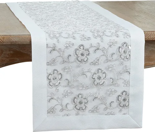 Miniatura 7 de SARO LIFESTYLE Camino de mesa bordado floral, plateado, 16"x120