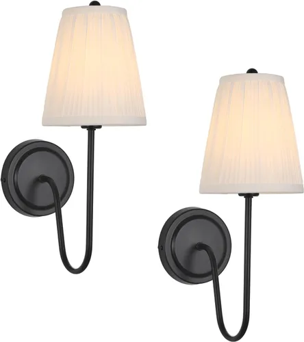 Miniatura 10 de Electro bp; Elegantes apliques de pared individuales con pantallas de lámpara de brocado plisado blanco y brazo curvo de metal dorado pulido, luz
