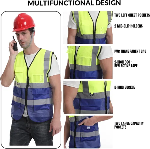 Miniatura 3 de Chaleco de seguridad con logotipo personalizado de alta visibilidad chaleco reflectante Ansi 5 bolsillos clase 2 Hi Vis seguridad construcción ropa